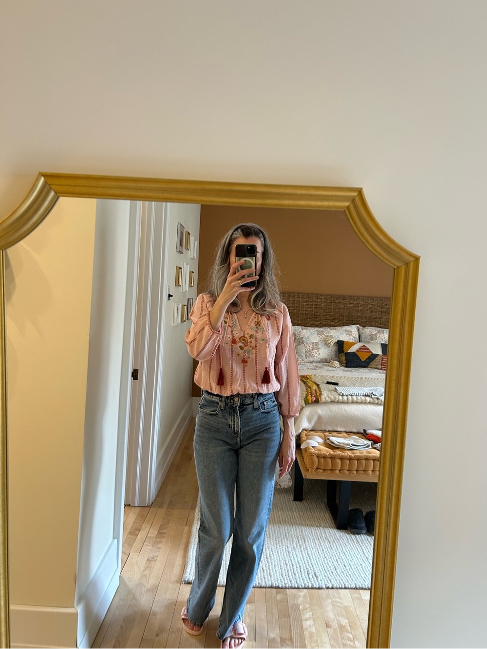 Forever 21 Light Pink Bohemian Embroidered Top